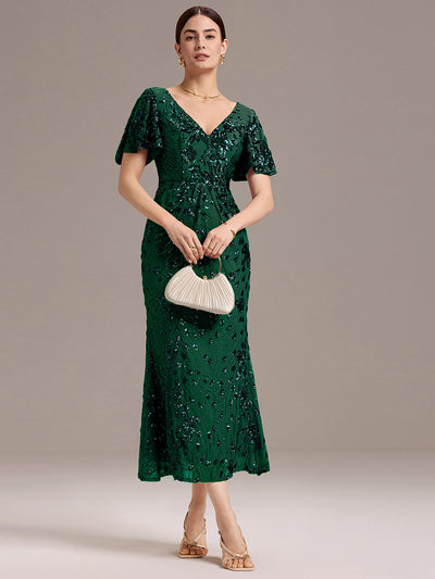 Sequin Ruffle Sleeve Evening Dress #color_Dark Green