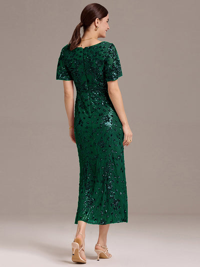 Sequin Ruffle Sleeve Evening Dress #color_Dark Green