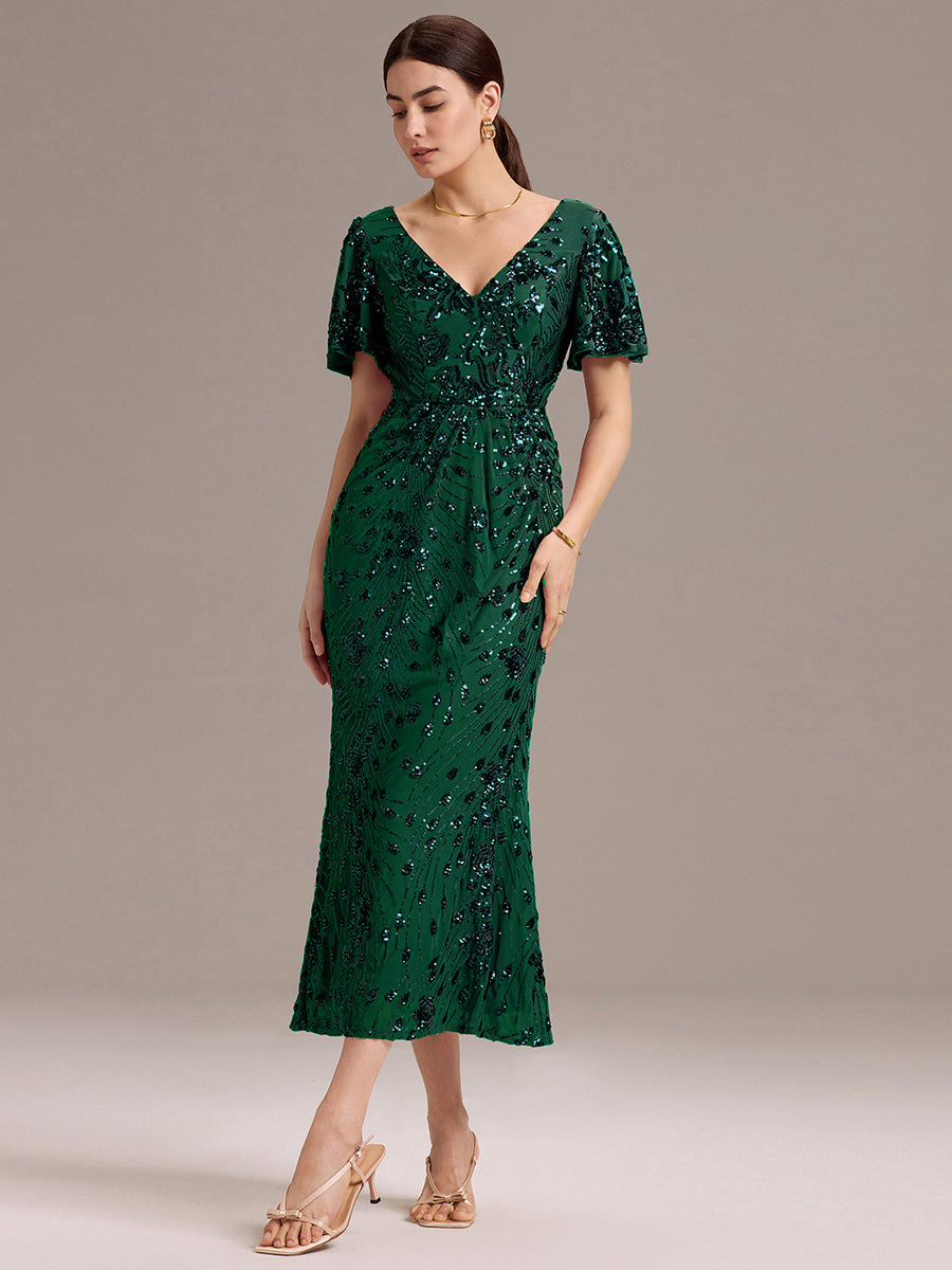 Sequin Ruffle Sleeve Evening Dress #color_Dark Green