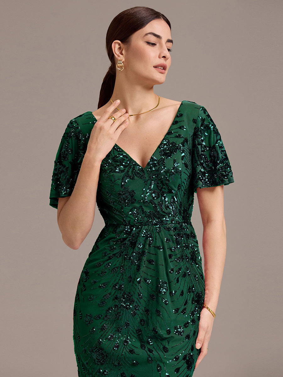 Sequin Ruffle Sleeve Evening Dress #color_Dark Green