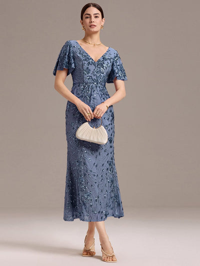 Sequin Ruffle Sleeve Evening Dress #color_Dusty Blue