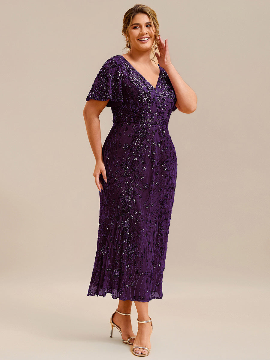 Sequin Ruffle Sleeve Evening Dress #color_Dark Purple