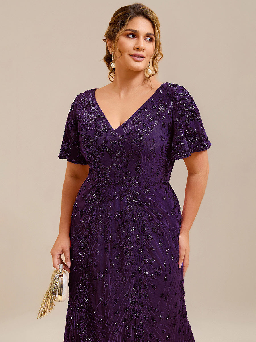 Sequin Ruffle Sleeve Evening Dress #color_Dark Purple