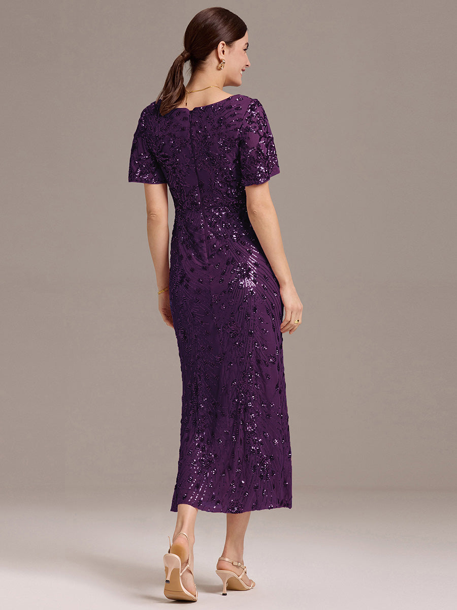 Sequin Ruffle Sleeve Evening Dress #color_Dark Purple