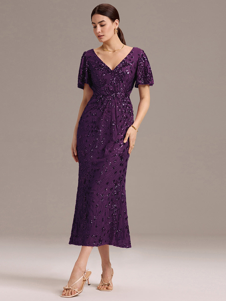 Sequin Ruffle Sleeve Evening Dress #color_Dark Purple
