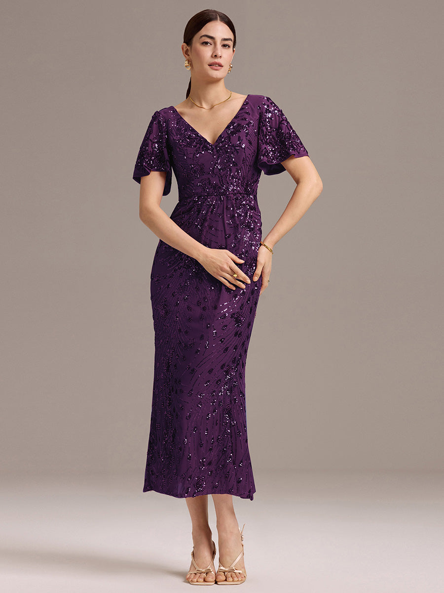 Sequin Ruffle Sleeve Evening Dress #color_Dark Purple