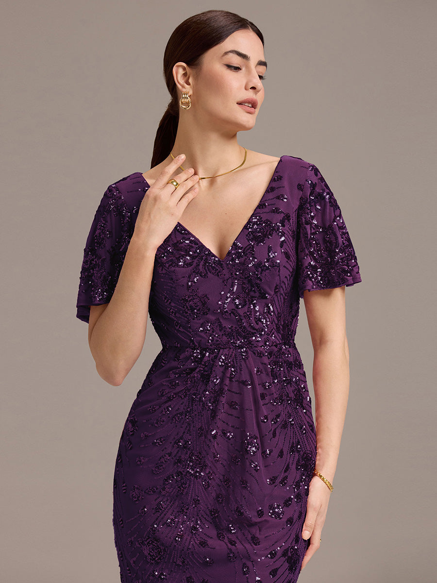 Sequin Ruffle Sleeve Evening Dress #color_Dark Purple