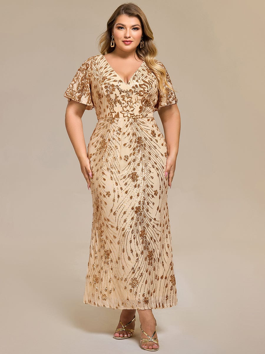 Sequin Ruffle Sleeve Evening Dress #color_Gold