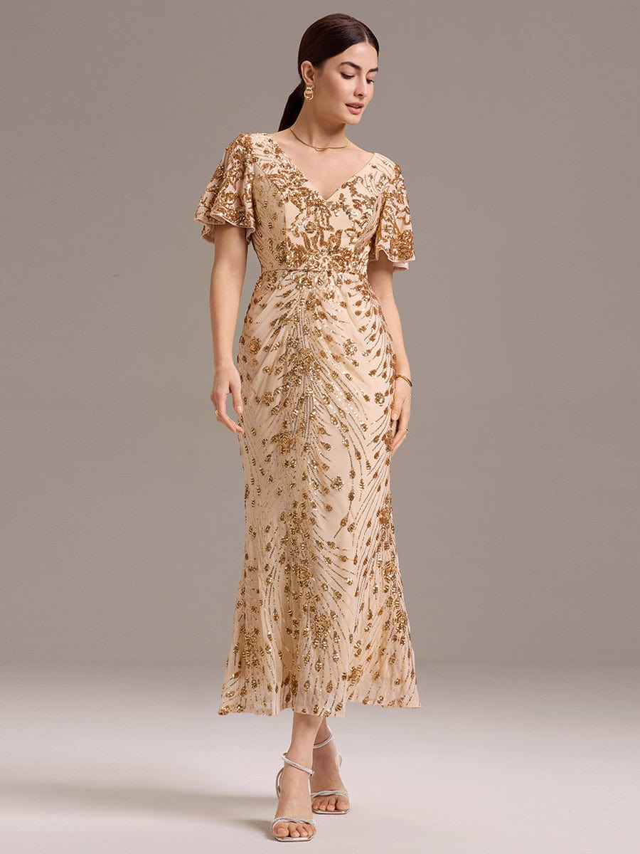 Sequin Ruffle Sleeve Evening Dress #color_Gold