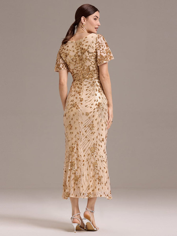 Volume Discounts Short Sleeve Ruffle Sequin Round Neck A-Line Floor Length Evening Dresses