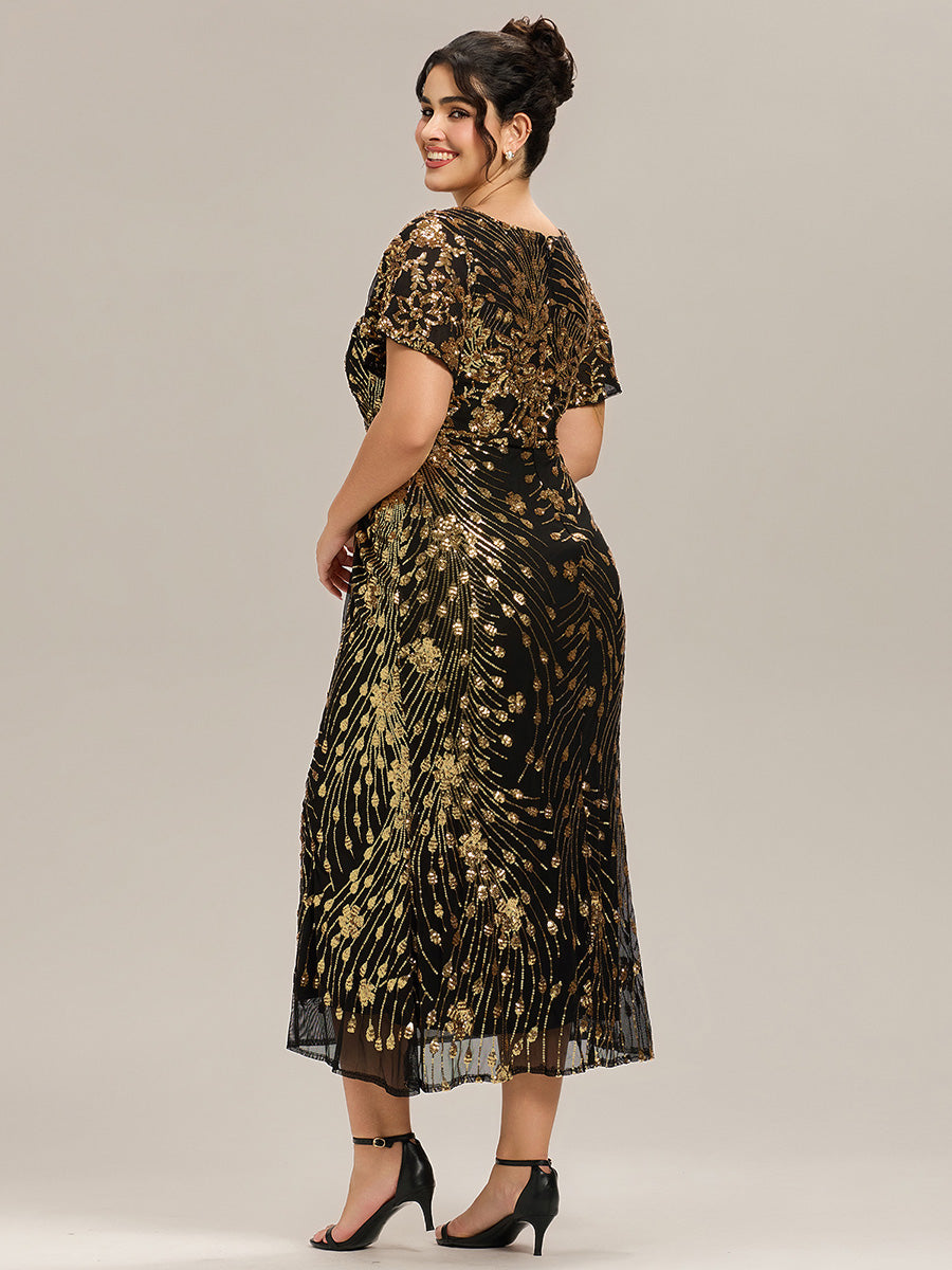 Sequin Ruffle Sleeve Evening Dress #color_Black & Gold