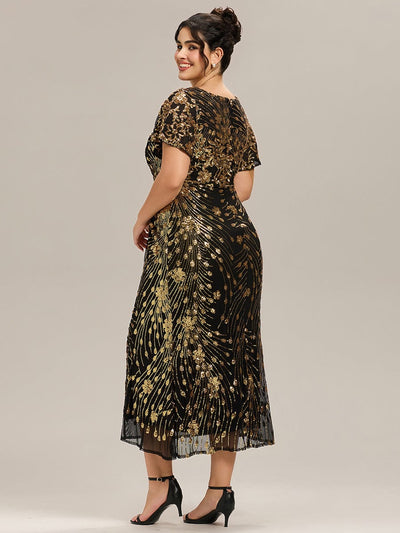 Sequin Ruffle Sleeve Evening Dress #color_Black & Gold