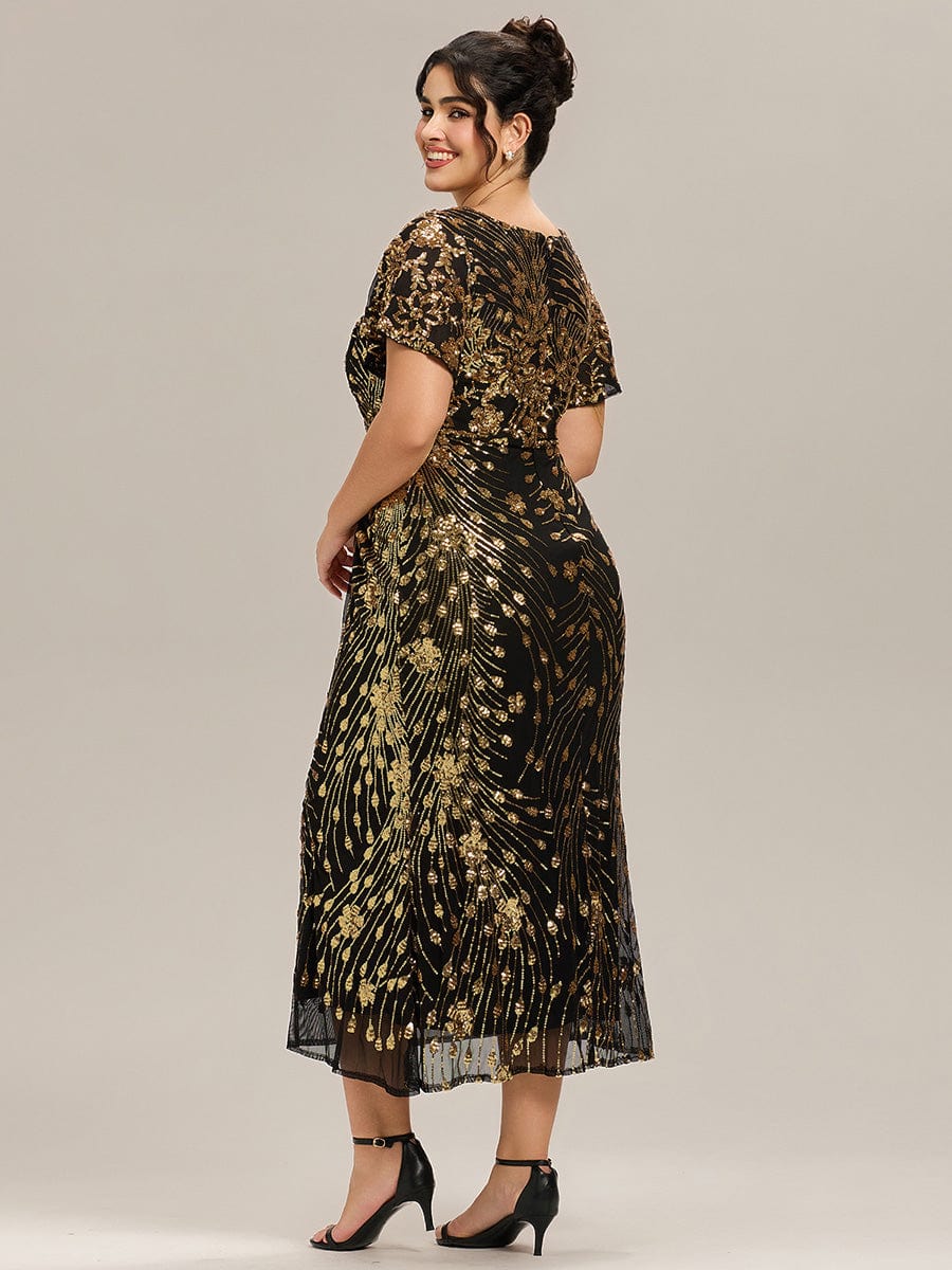 Sequin Ruffle Sleeve Evening Dress #color_Black & Gold