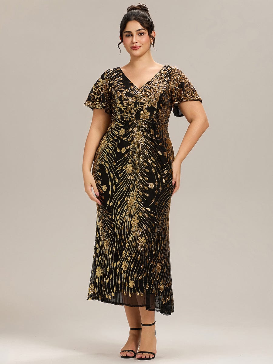 Sequin Ruffle Sleeve Evening Dress #color_Black & Gold