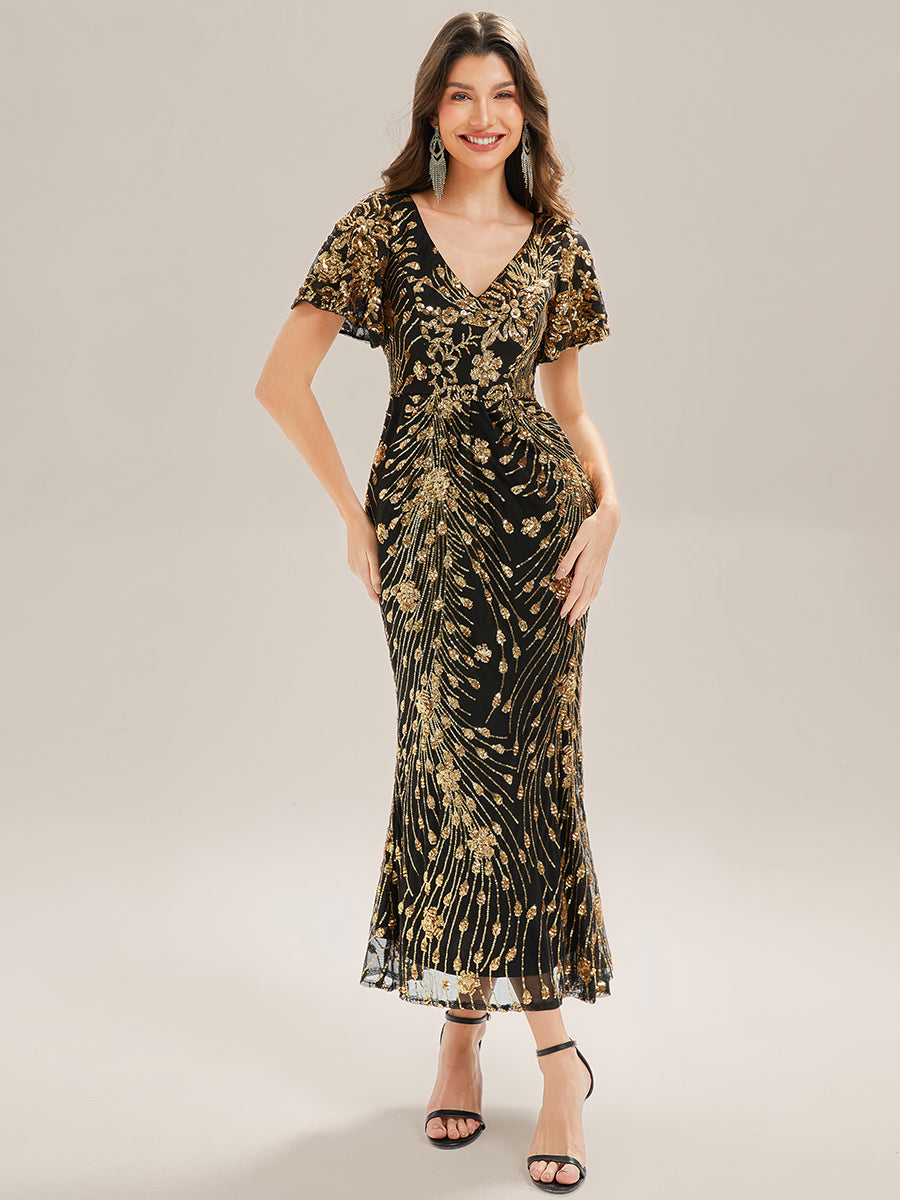 Sequin Ruffle Sleeve Evening Dress #color_Black & Gold