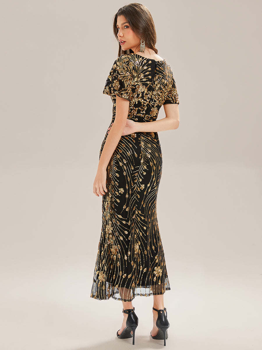 Sequin Ruffle Sleeve Evening Dress #color_Black & Gold