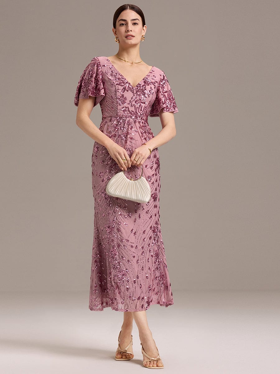Sequin Ruffle Sleeve Evening Dress #color_Purple Orchid