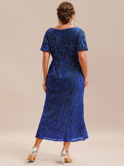 Sequin Ruffle Sleeve Evening Dress #color_Sapphire Blue