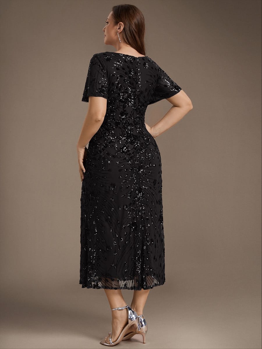 Sequin Ruffle Sleeve Evening Dress #color_Black