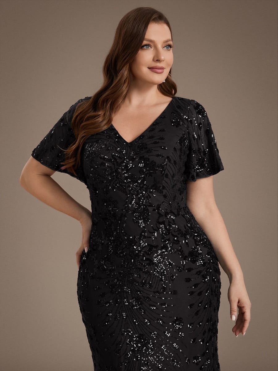 Sequin Ruffle Sleeve Evening Dress #color_Black