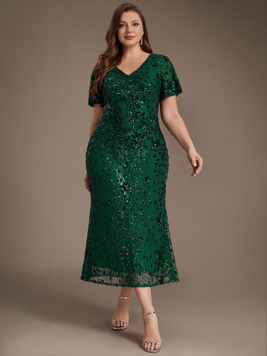 Sequin Ruffle Sleeve Evening Dress #color_Dark Green