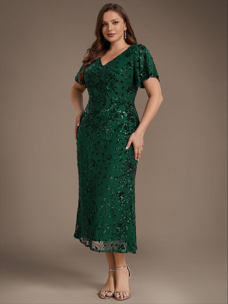 Sequin Ruffle Sleeve Evening Dress #color_Dark Green