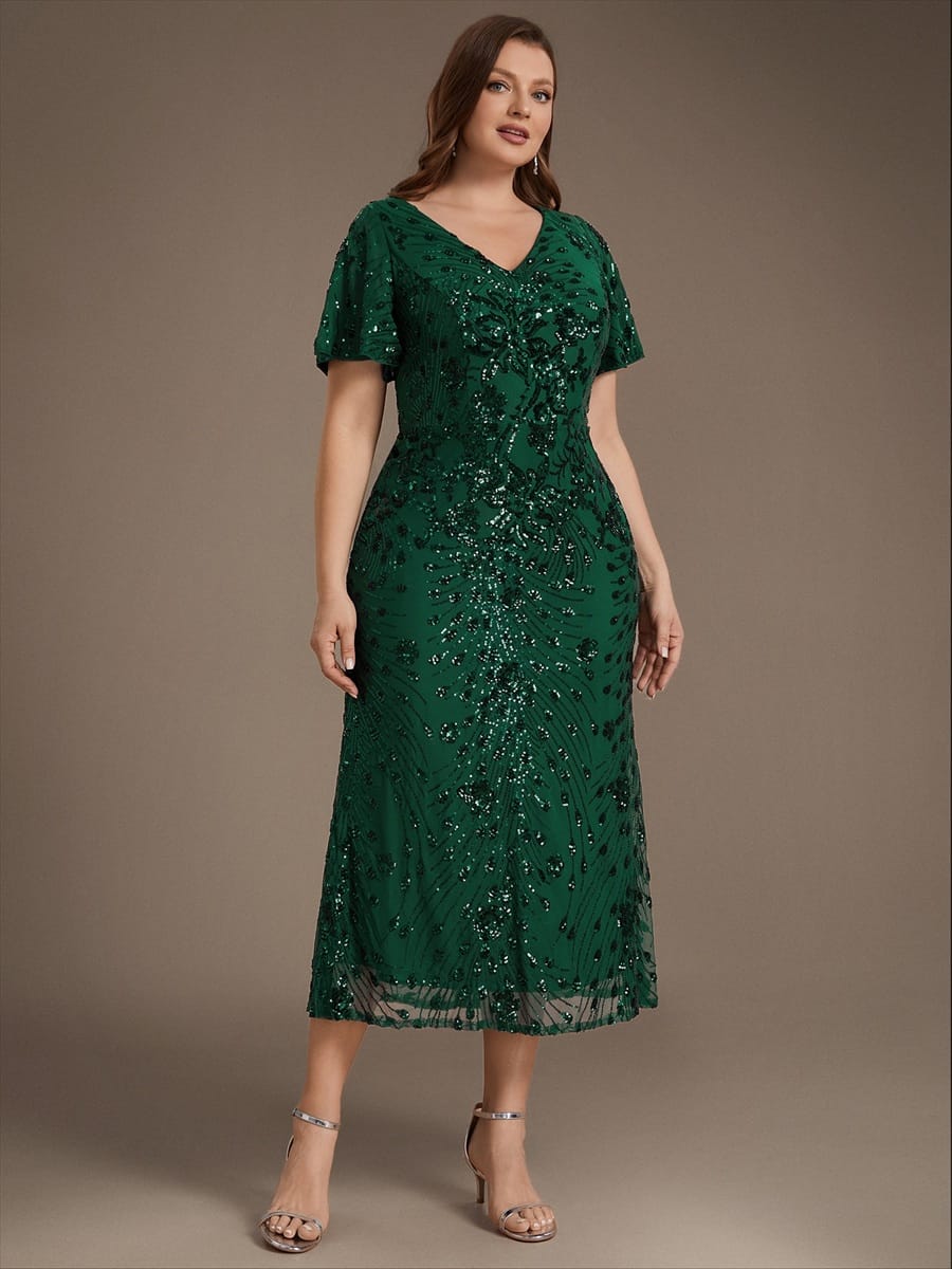 Sequin Ruffle Sleeve Evening Dress #color_Dark Green
