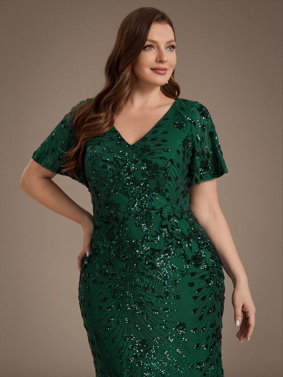 Sequin Ruffle Sleeve Evening Dress #color_Dark Green