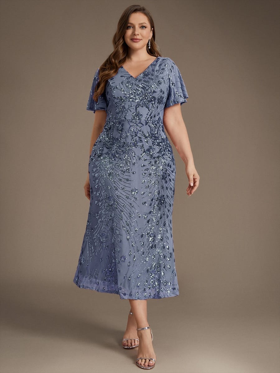 Sequin Ruffle Sleeve Evening Dress #color_Dusty Blue