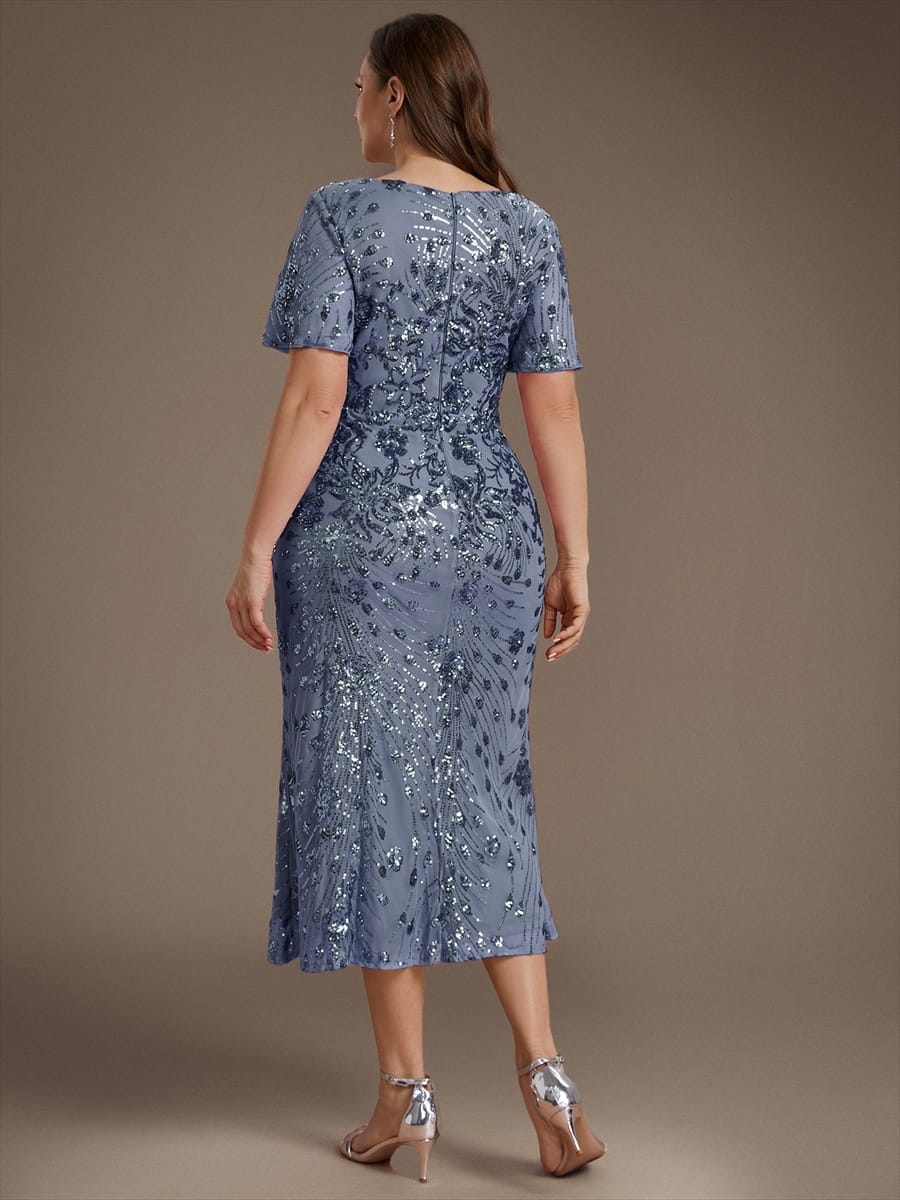 Sequin Ruffle Sleeve Evening Dress #color_Dusty Blue
