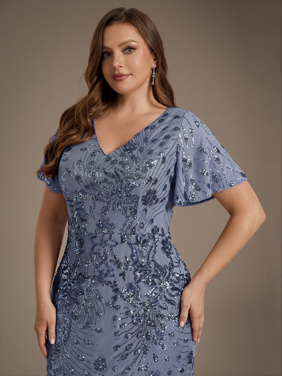 Sequin Ruffle Sleeve Evening Dress #color_Dusty Blue