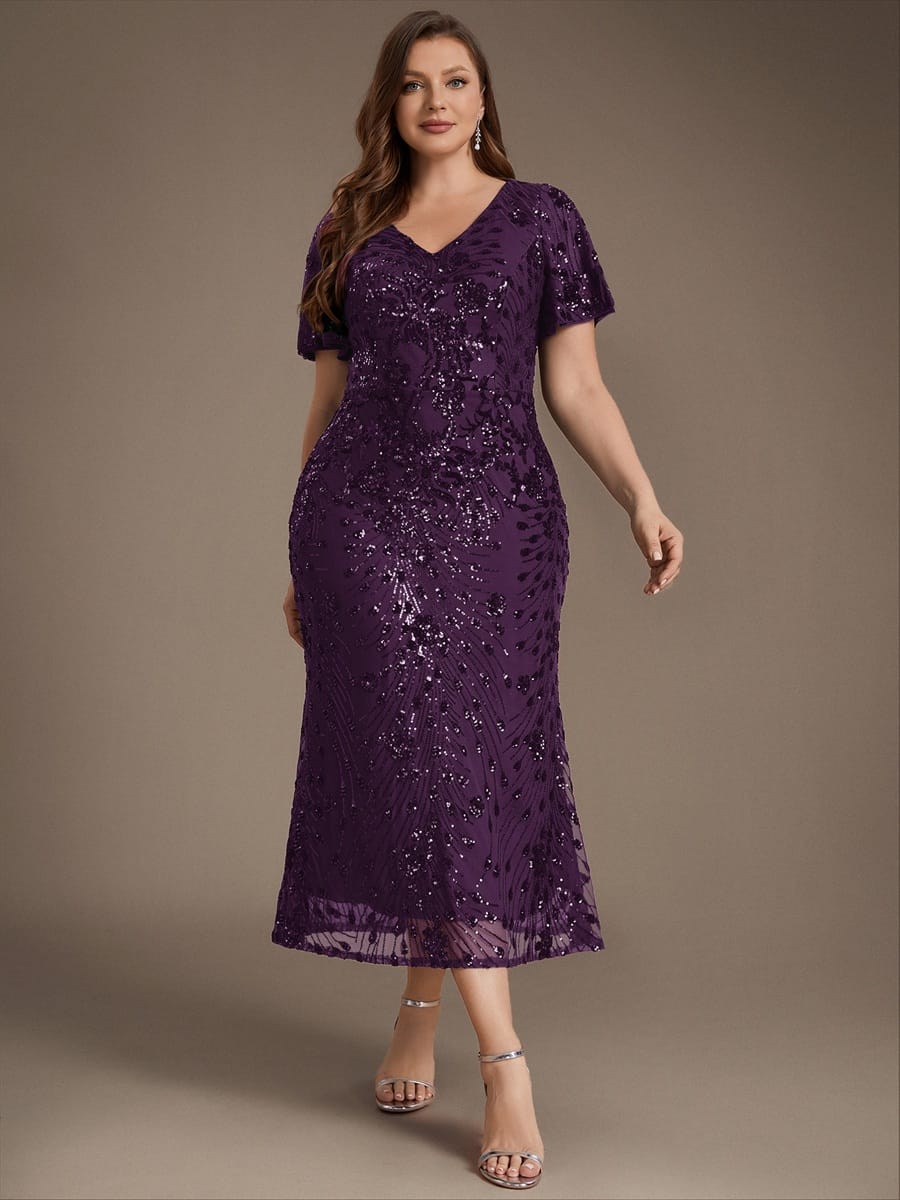 Sequin Ruffle Sleeve Evening Dress #color_Dark Purple