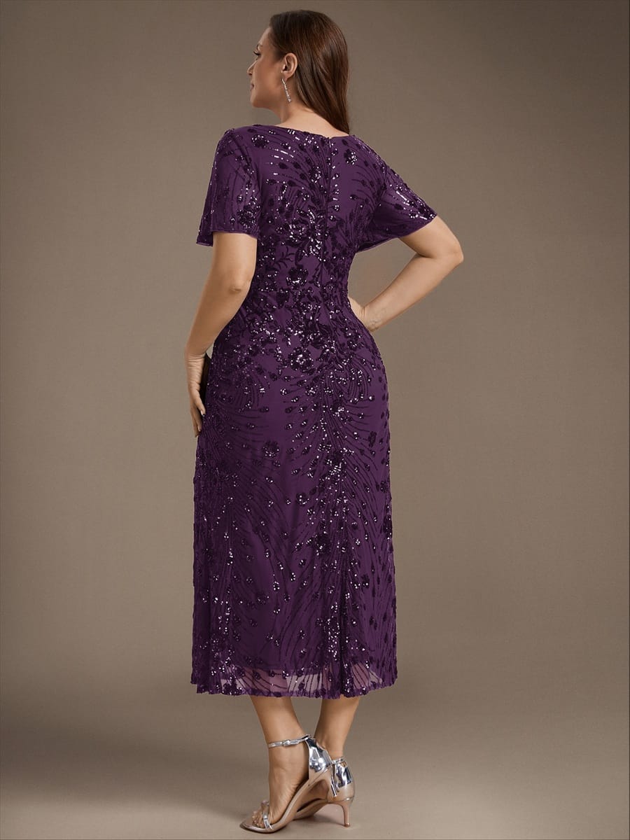 Sequin Ruffle Sleeve Evening Dress #color_Dark Purple