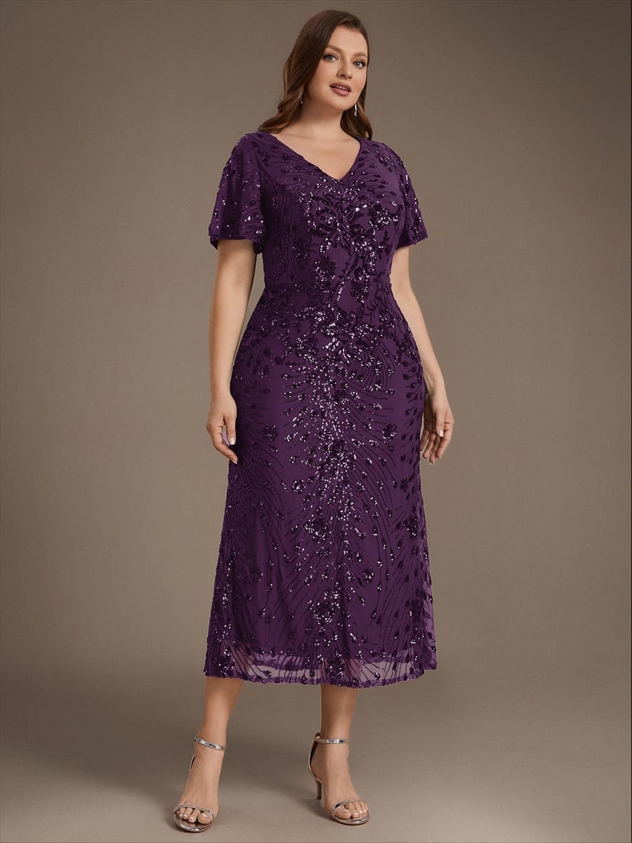 Sequin Ruffle Sleeve Evening Dress #color_Dark Purple