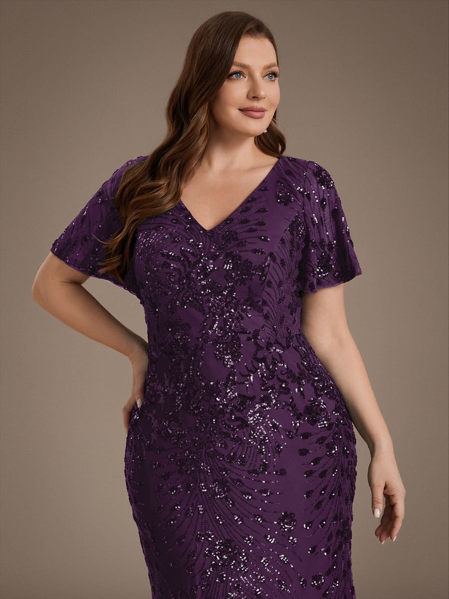 Sequin Ruffle Sleeve Evening Dress #color_Dark Purple