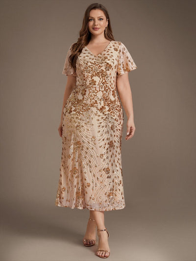 pretty PALMER|Plus Size Sequin Ruffle Sleeve Evening Dress