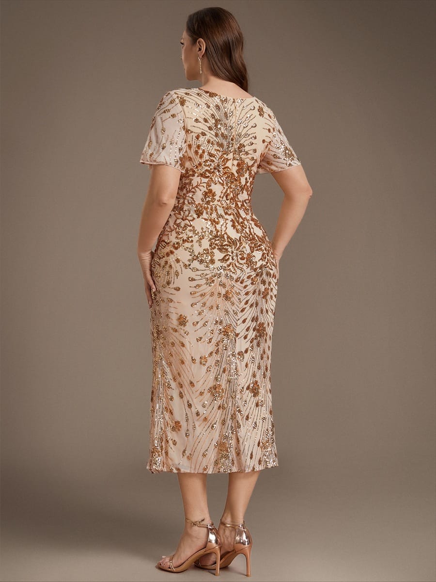 Sequin Ruffle Sleeve Evening Dress #color_Gold