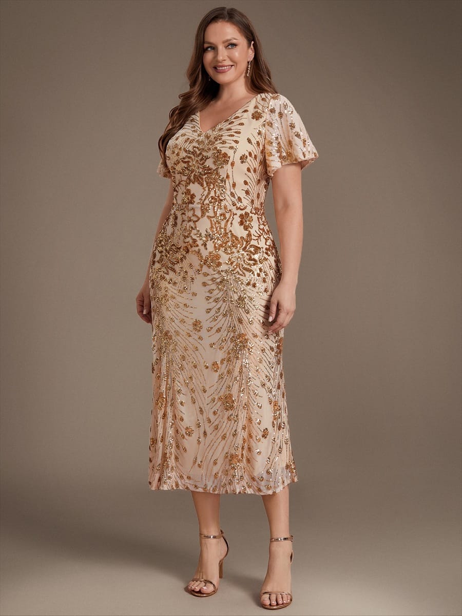Sequin Ruffle Sleeve Evening Dress #color_Gold