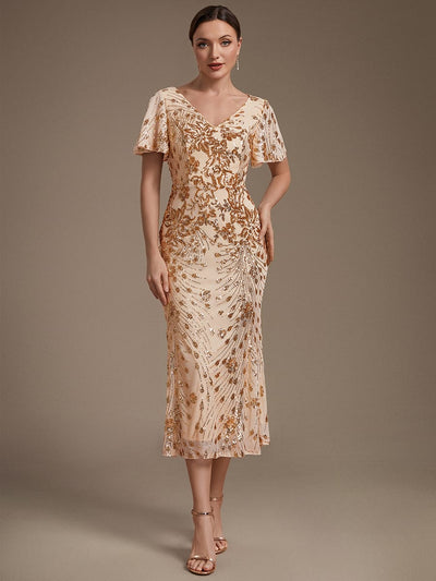 ever PALMER|Sequin Ruffle Sleeve Evening Dress