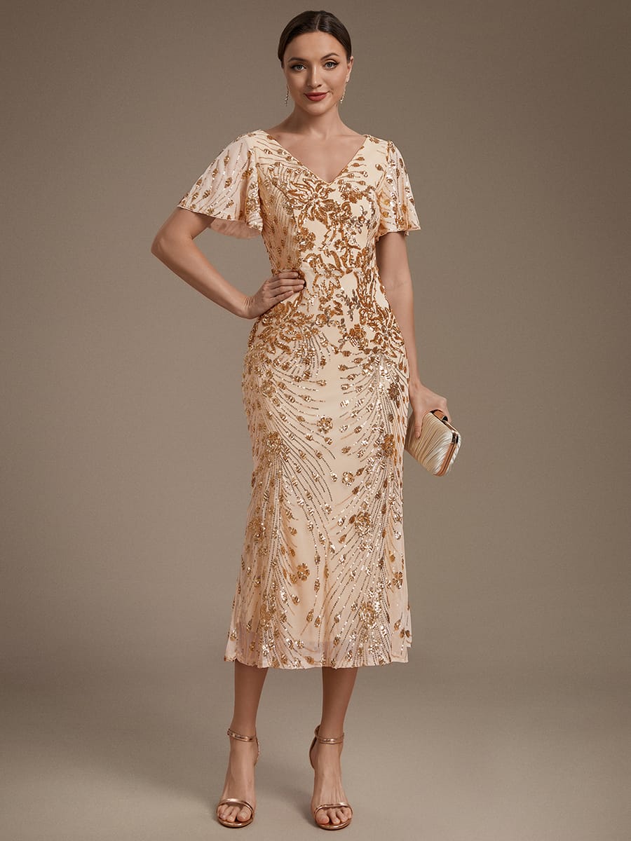 Sequin Ruffle Sleeve Evening Dress #color_Gold