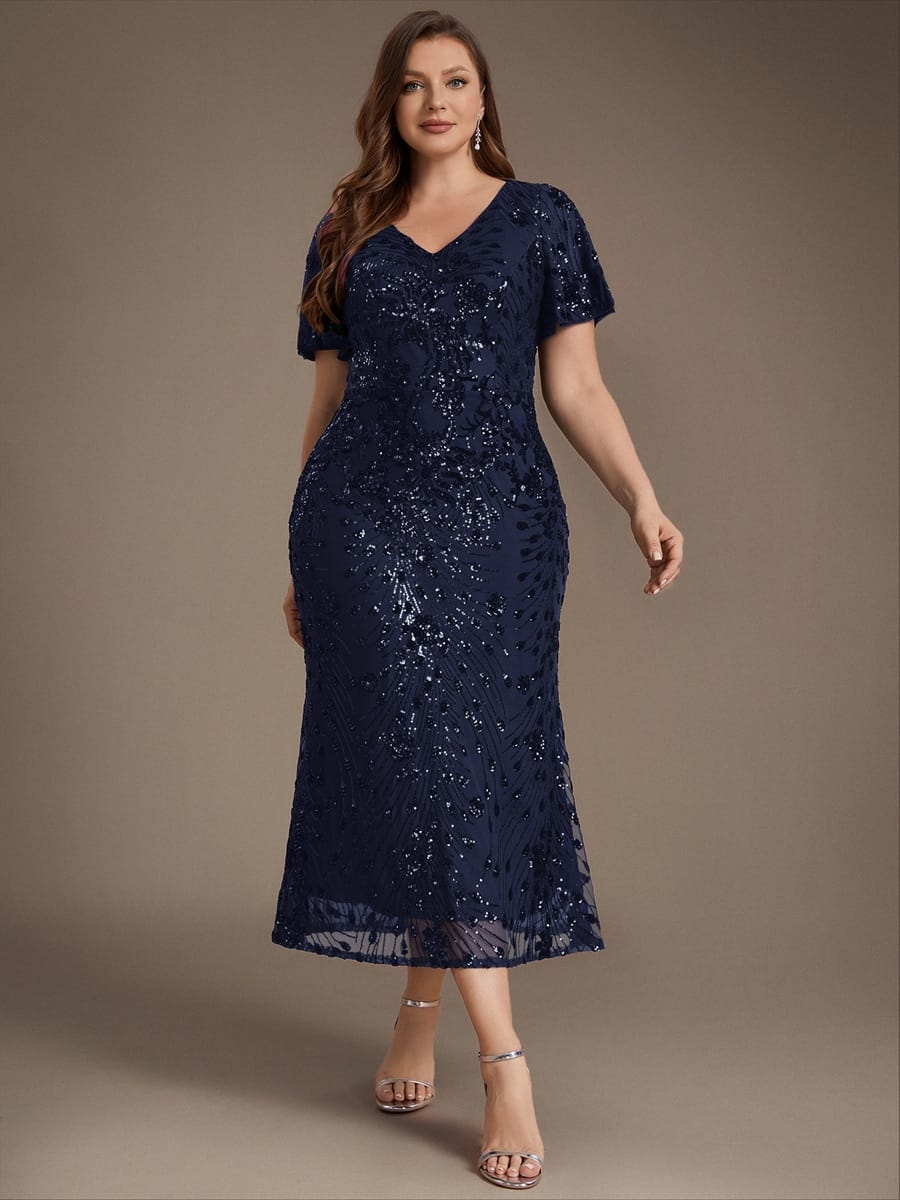 Sequin Ruffle Sleeve Evening Dress #color_Navy Blue
