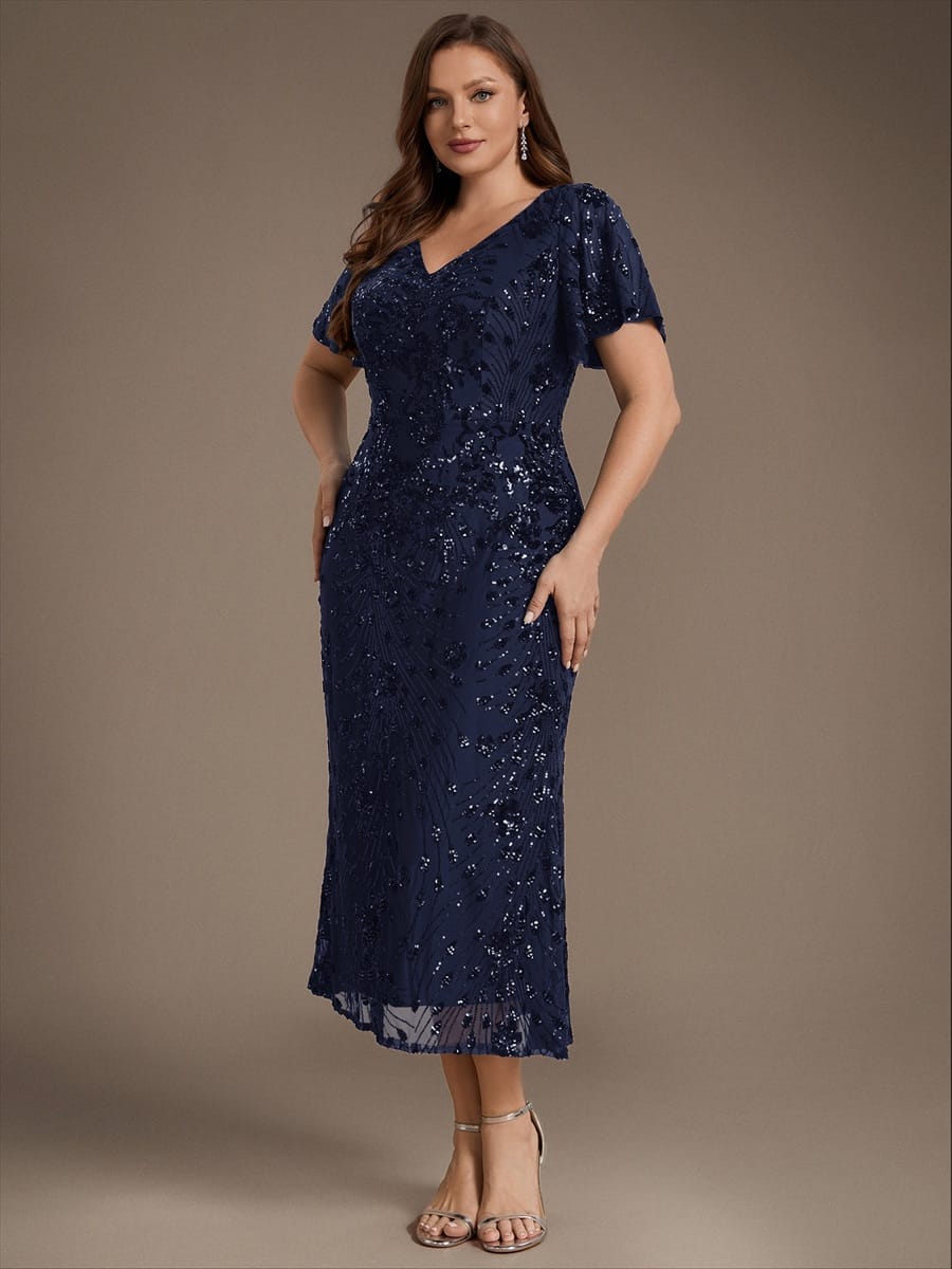 Sequin Ruffle Sleeve Evening Dress #color_Navy Blue