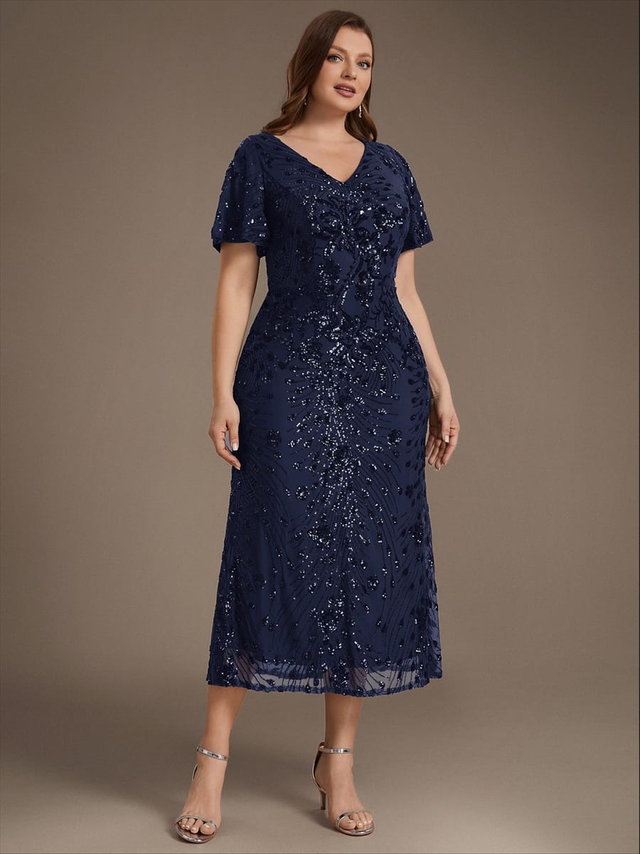 Sequin Ruffle Sleeve Evening Dress #color_Navy Blue