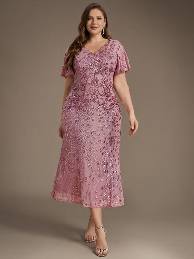 pretty PALMER|Plus Size Sequin Ruffle Sleeve Evening Dress