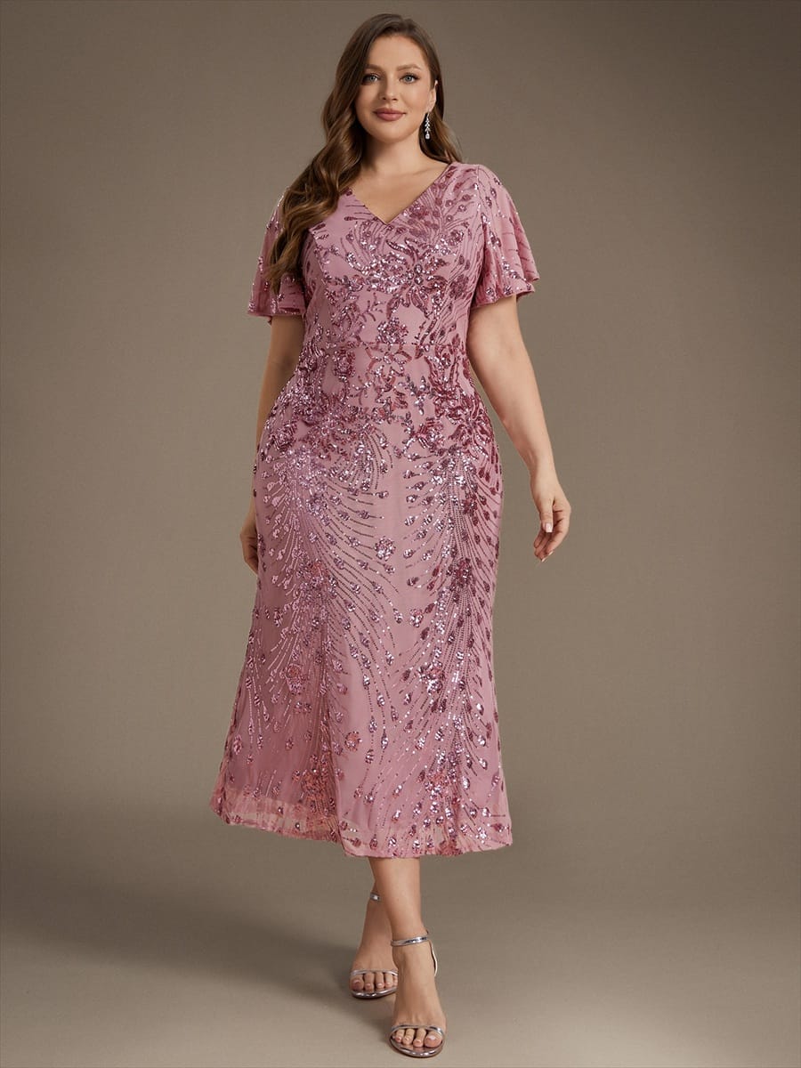 Sequin Ruffle Sleeve Evening Dress #color_Purple Orchid