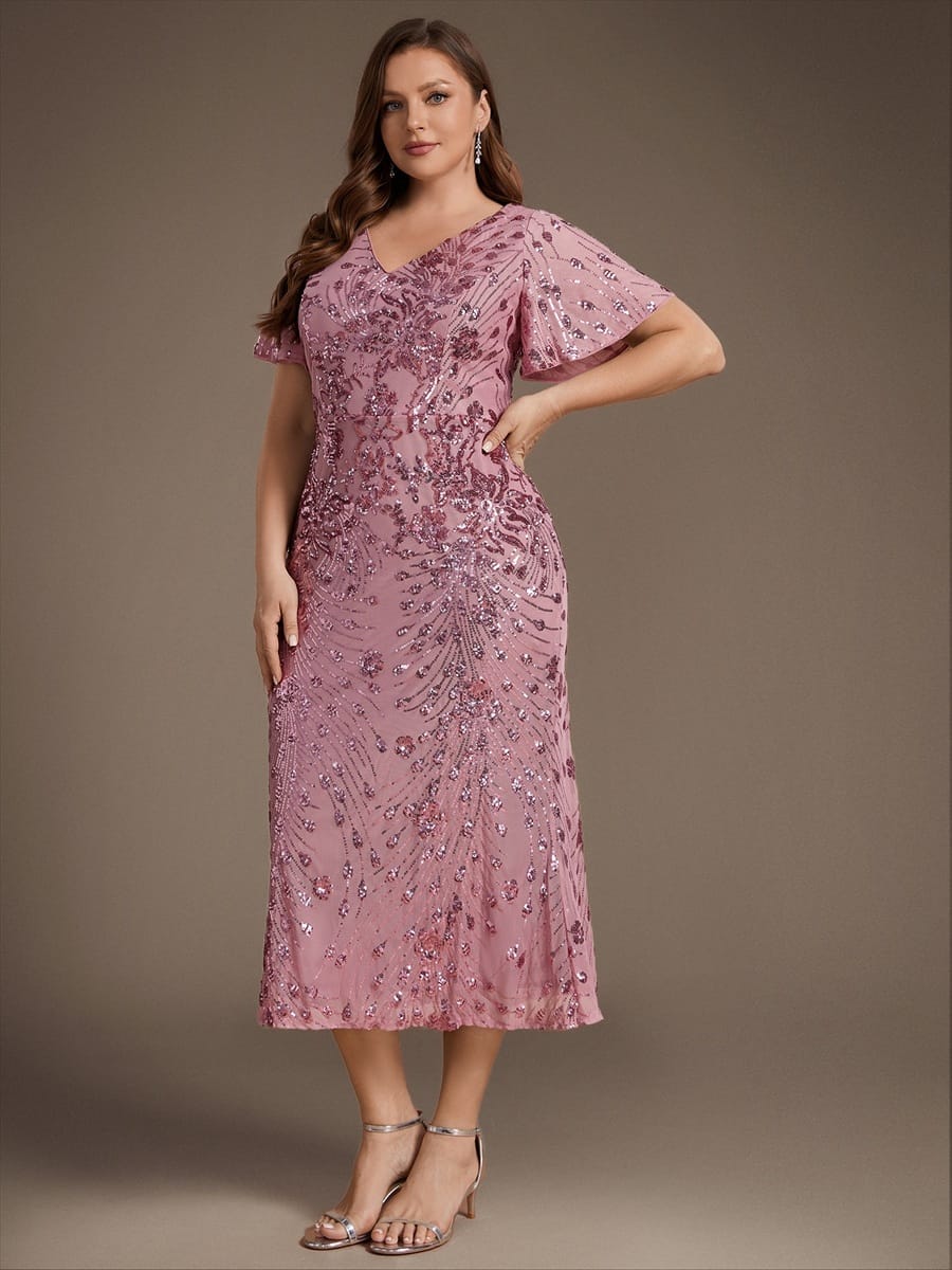 Sequin Ruffle Sleeve Evening Dress #color_Purple Orchid
