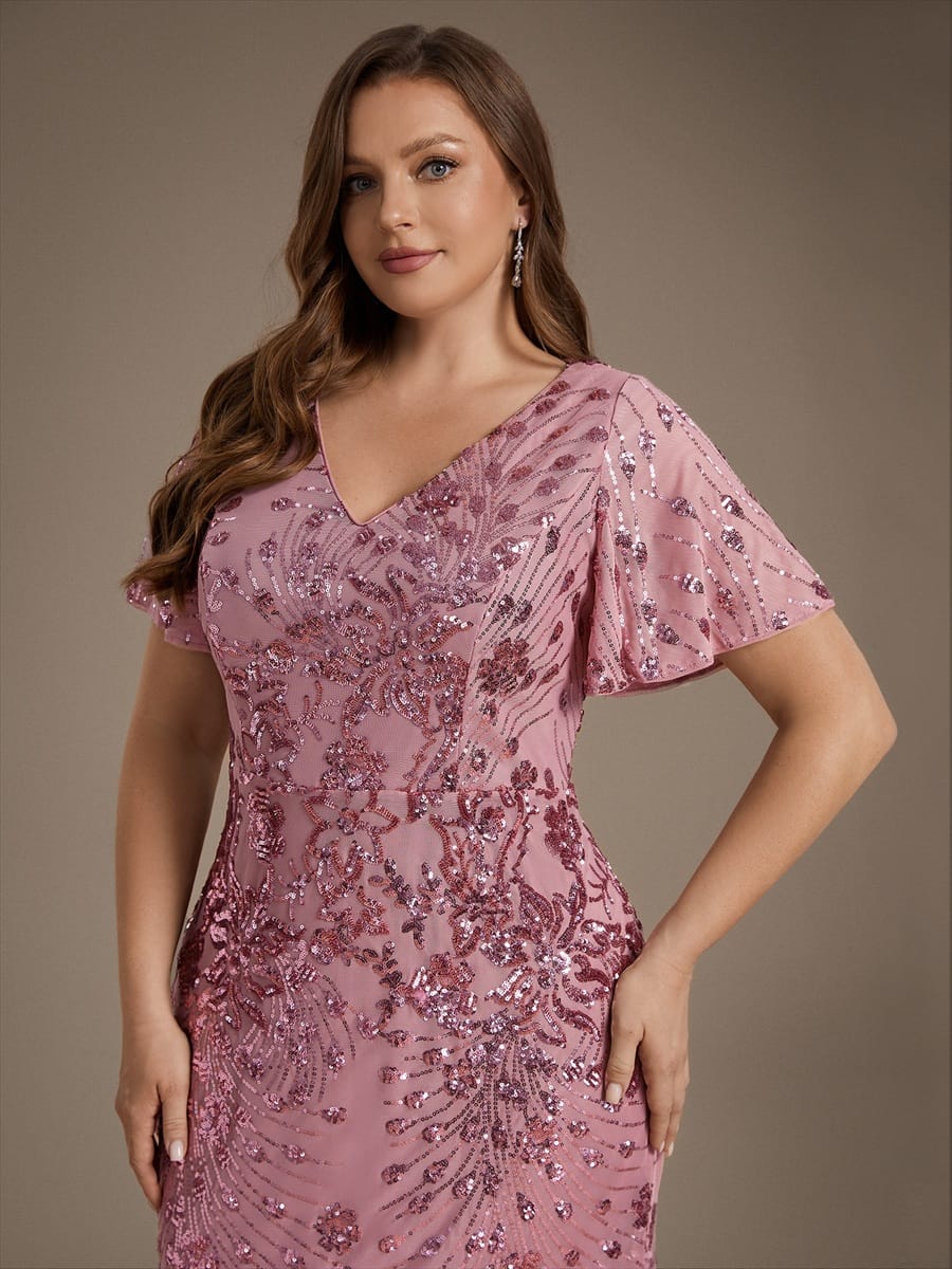 Sequin Ruffle Sleeve Evening Dress #color_Purple Orchid