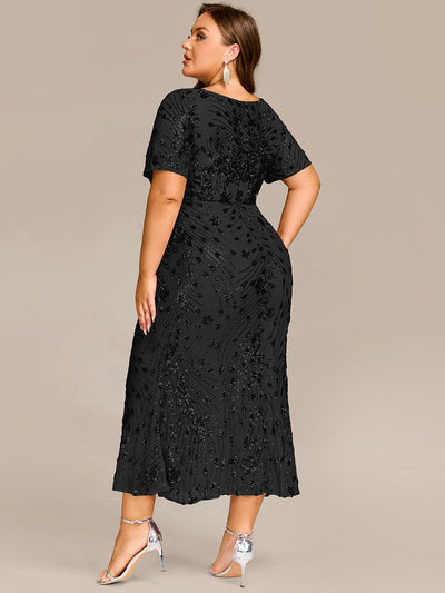 Sequin Mermaid Round Neck Evening Dress #color_Black