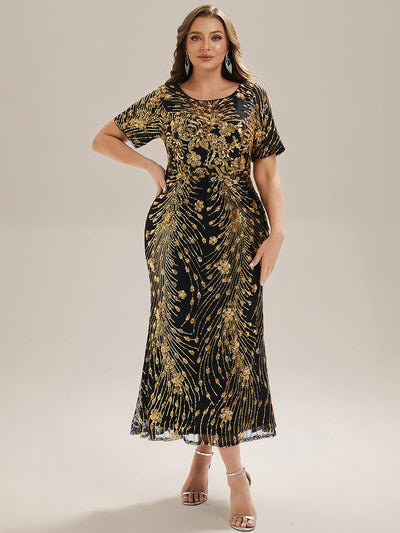 Plus Size Pleated Sequin Evening Dress #color_Black & Gold