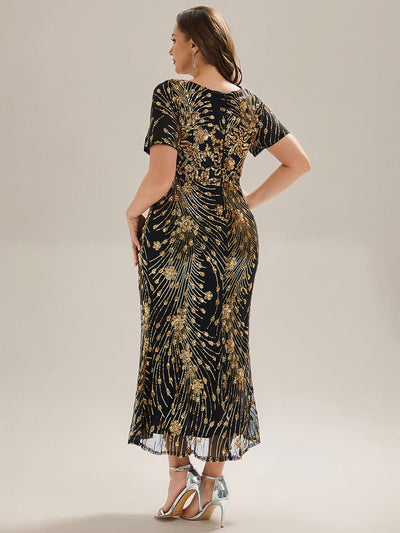Plus Size Pleated Sequin Evening Dress #color_Black & Gold